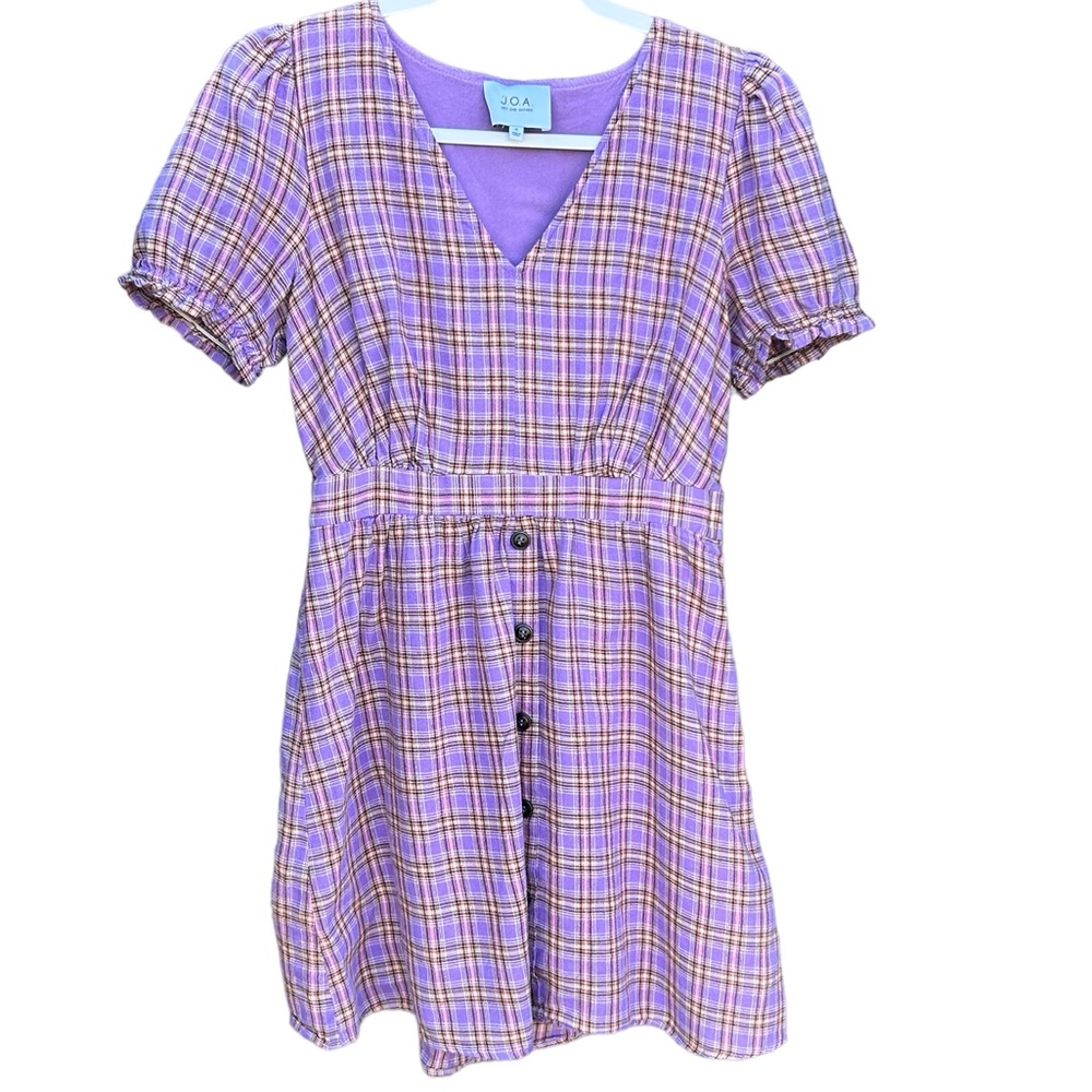 J.O.A. JOA Purple  Plaid V Neck Dress Size M